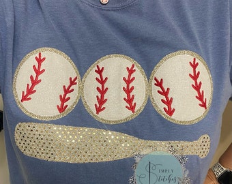 BASEBALL TRIO appliqued T-shirt ~ Baseball~sequins ~glitter~Comfort Color