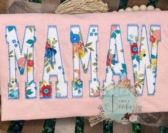 MAMA/Grandmother/Name appliqued T-shirt ~ zig zag stitch~floral fabric~ Comfort Color peach ~ Mothers Day~ New Mom~ Mama
