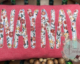 MAMA/Grandmother/Name appliqued sweatshirt~ Vintage floral fabric ~ Gildan Heather Red  ~ Mothers Day~ New Mom~ Mama