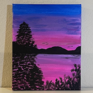 Purple Sunset Pine Trees with Birds Artwork , Handmade Original Acrylic Painting, Artwork for Wall, Home Decor Artwork on Canvas Board