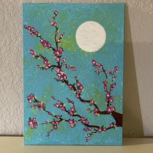 Japanese Cherry Blossom with Moon Artwork , Handmade Original Acrylic Painting, Artwork for Wall, Home Decor Artwork on Canvas Board
