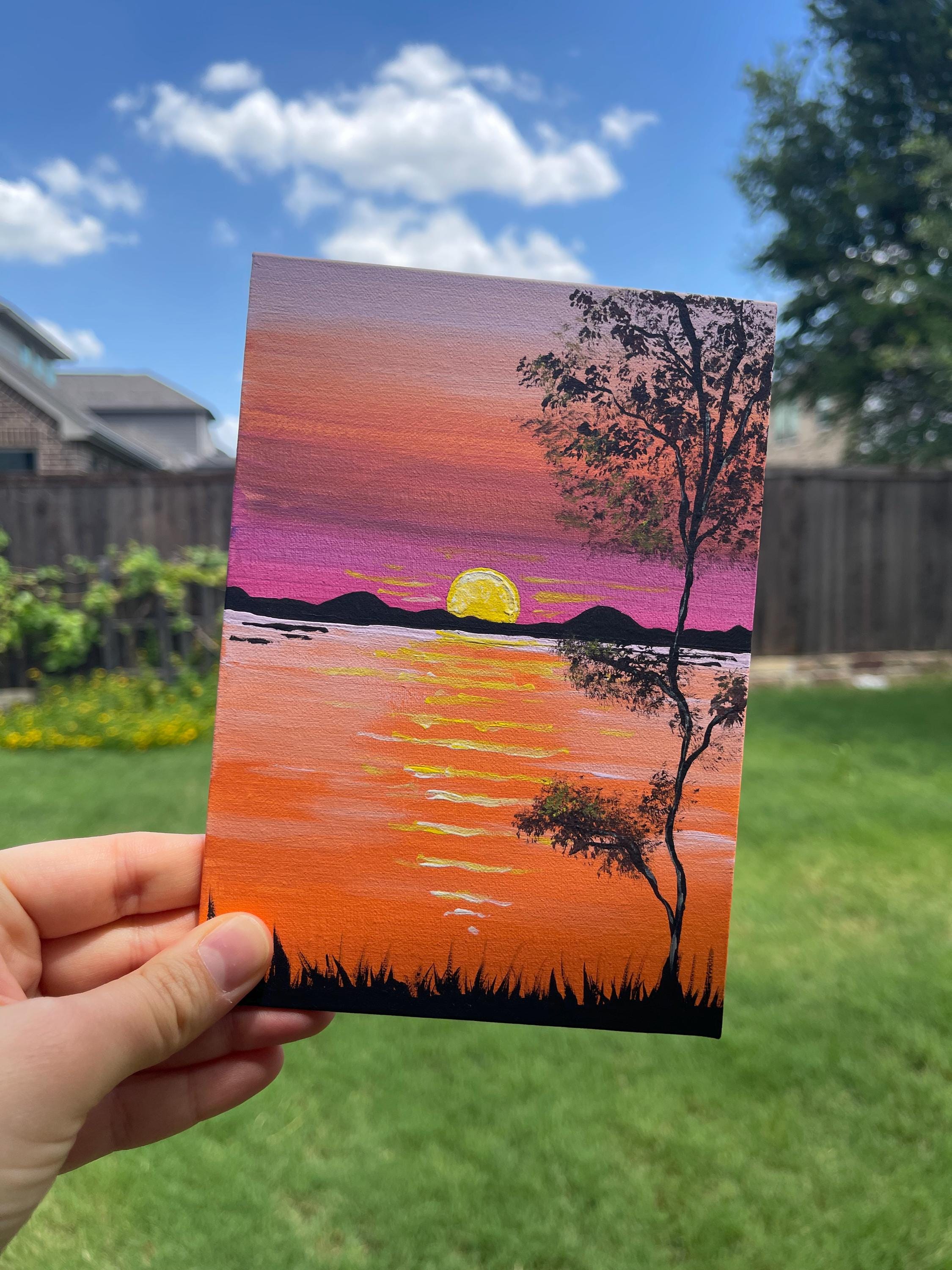 Orange Sunset Tree Painting: Handmade Acrylic Canvas Art (5x7 In