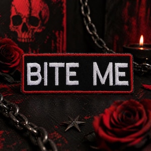 Bite Me-lapp/Stryklapp/Oförskämd sarkastisk humor/Roliga talesätt/Motorcykelgåva/Broderad sy-på-applikation för kläder, väst/jacka, hattar, ryggsäck