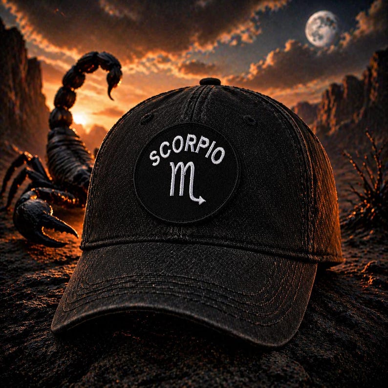 Puede incluir: Gorra de b&eacute;isbol negra con un parche circular con la palabra "SCORPIO" y el s&iacute;mbolo astrol&oacute;gico de Escorpio en blanco. La gorra est&aacute; colocada sobre un paisaje des&eacute;rtico con un escorpi&oacute;n y una luna llena al fondo.
