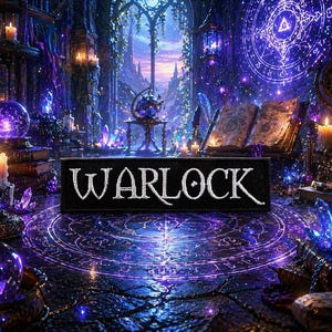 Puede incluir: Una escena mística con un letrero negro que dice "WARLOCK" en blanco, rodeado de velas, cristales y orbes brillantes. El fondo presenta un libro abierto, un globo antiguo y una gran ventana con vistas a un paisaje de fantasía. La paleta de colores está dominada por tonos morados y azules.