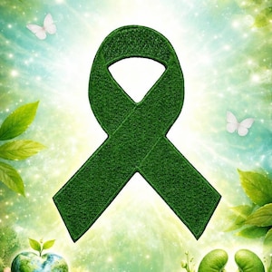 May include: A green ribbon, a symbol of awareness, is the focal point of this image. The ribbon is textured and set against a backdrop of green and white, with butterflies and leaves. The overall theme is one of nature and environmental consciousness.