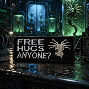 May include: Black patch with white embroidered text reading "FREE HUGS ANYONE?" and a white alien facehugger design. The patch is rectangular and sits on a dark, metallic surface, with a futuristic, sci-fi background.