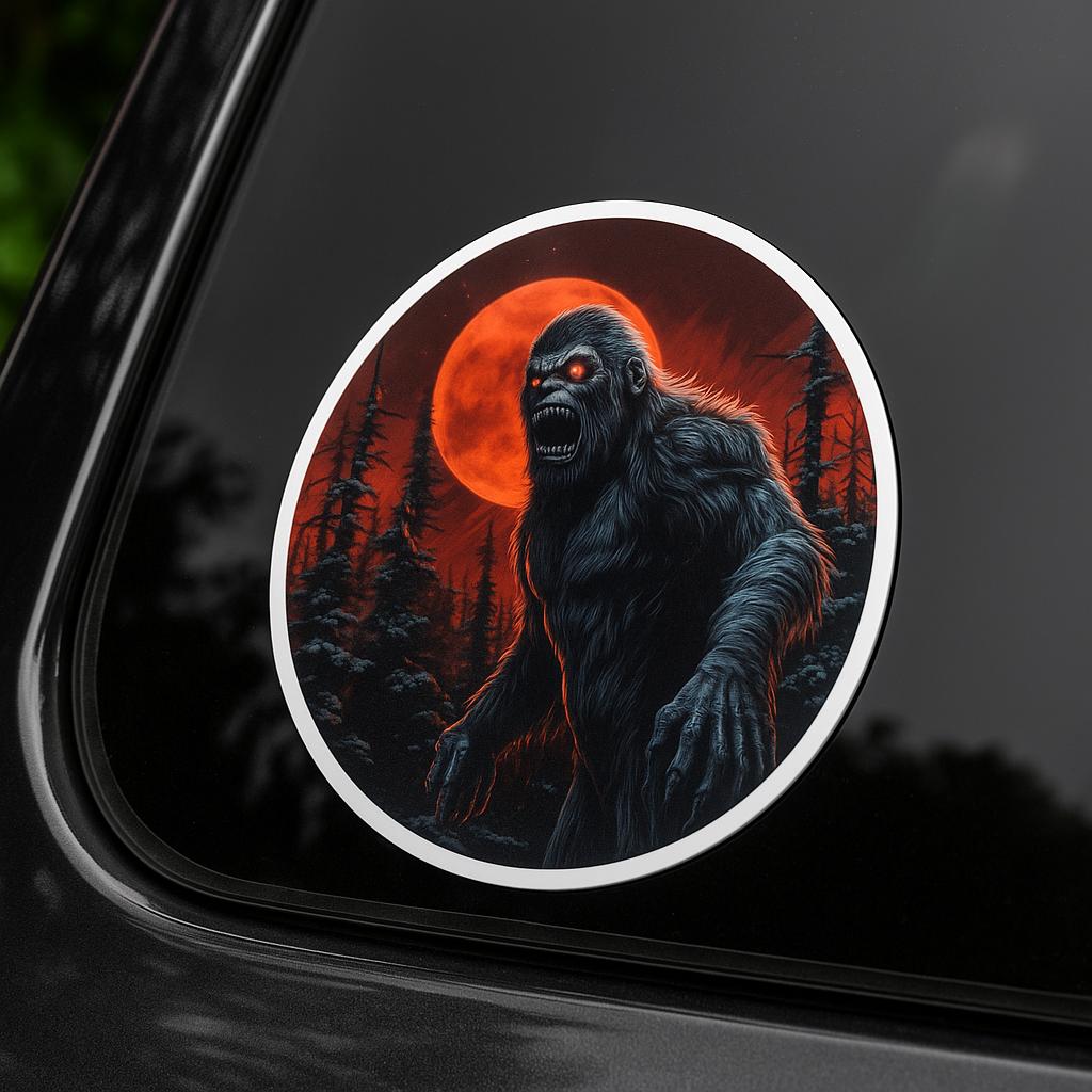 Bigfoot Vinyl Stickers Decals/Sasquatch Decal/Cryptid Decal for Laptop Car Truck Window Bumper Graphics, Myth Legend, Folklore, Red Moon