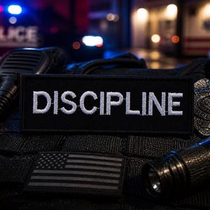 May include: A black tactical vest with a patch that reads "DISCIPLINE" in white lettering. An American flag patch, a police badge, a flashlight, and a radio microphone are also visible. The background is blurred with emergency vehicle lights.
