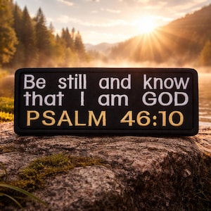 May include: A black rectangular patch with white and gold text that reads "Be still and know that I am GOD PSALM 46:10." The patch is set against a scenic backdrop of a lake, trees, and a bright sunrise.