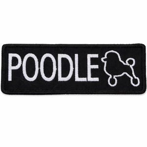May include: Black rectangular patch featuring the word "POODLE" in white capital letters and a white poodle silhouette. Suitable for application on clothing or accessories.