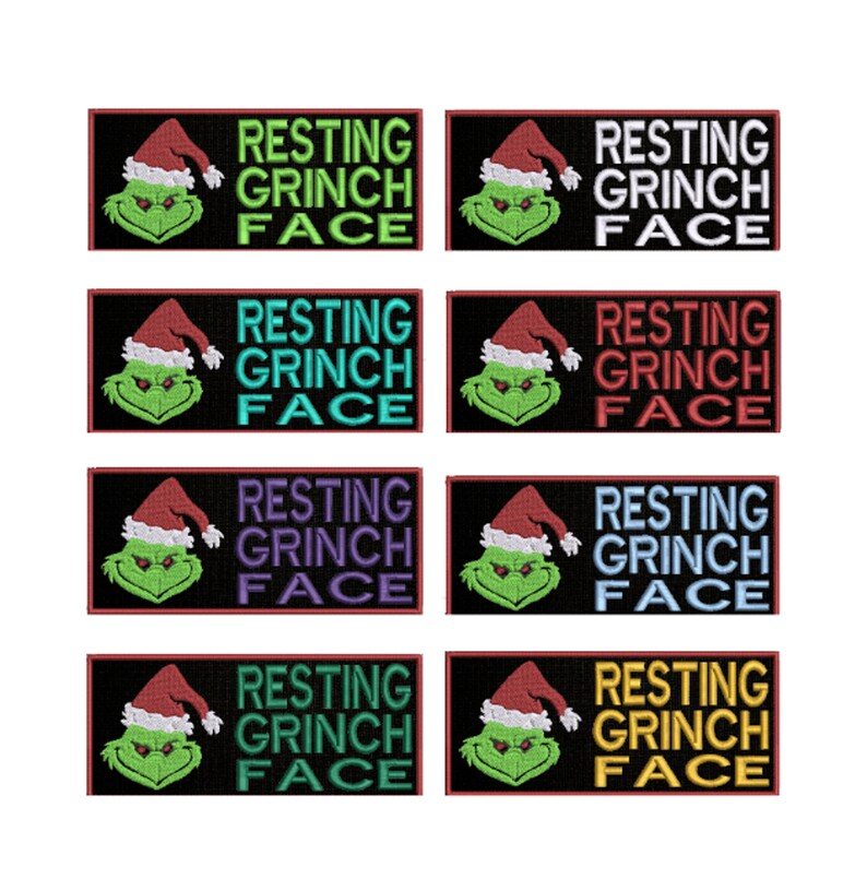 May include: A collection of embroidered patches featuring the Grinch wearing a Santa hat. Each patch has the text "RESTING GRINCH FACE" in various colors, including green, white, red, and yellow. The patches are rectangular with a black border.