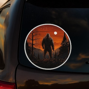 Sasquatch Decal, Bigfoot Vinyl Stickers Decals, Cryptid Decal for Laptop Car Truck Window Bumper Graphics, Myth Legend, Folklore, Red Night