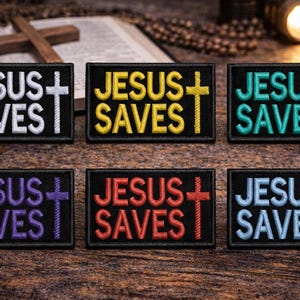 JESUS SAVES with Cross Patch/Iron-On Patch/Religious Faith Gift/Christian Bikers/Embroidered Sew-On Appliqué for Clothing Vest/Jacket Bags