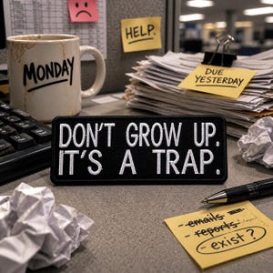 May include: A black patch with white embroidered text that reads "DON'T GROW UP. IT'S A TRAP." is on a desk. A coffee mug with "MONDAY" on it, sticky notes with "HELP" and "DUE YESTERDAY" are also visible. A pen and crumpled paper are nearby.