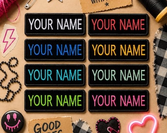 Patch personalizado com seu nome, 25,4 cm de largura x 6,35 cm de altura, bordado, aplique termocolante/costurável para colete, jaqueta, roupa, mochila ou uniforme.