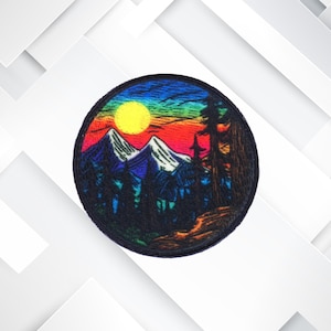 Mountain Sunset Patch Iron-On Appliqué for Jacket, Backpack, Vest, Colorful Nature Scene Patch, Hiking Gift, Dye Sublimated Outdoor Badge