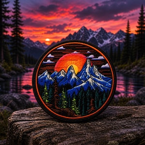 May include: Round embroidered patch featuring a mountain range scene with a sunset. The patch has a black border and depicts blue mountains, green trees, and a vibrant orange and red sunset. The patch is placed on a wooden surface.