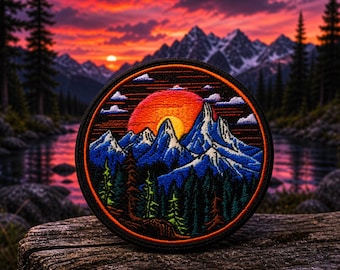 Mountain Sunset Patch Iron-On Appliqué for Jacket, Backpack, Vest, Colorful Nature Scene Patch, Hiking Gift, Dye Sublimated Outdoor Badge