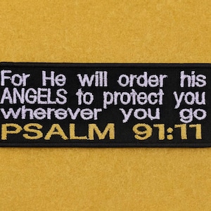 Psalm 91:11 Patch/Bible Verse Patch/Iron-On Patch//Religious Patch/Christian Biker/Embroidered Sew-On Applique for Clothes, Jacket, Backpack