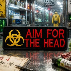 Könnte beinhalten: Ein schwarzer rechteckiger Aufnäher mit dem roten Text "AIM FOR THE HEAD" und einem gelben Biohazard-Symbol. Das Bild zeigt eine Laborszene mit Biohazard-Warnungen und wissenschaftlicher Ausrüstung.