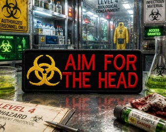 Aim for the Head Patch/Zombie Humor/Biohazard Sign/Iron-On Patch/Embroidered Sew-On Appliqué for Clothing Vest/Jacket Hats Backpack Gear