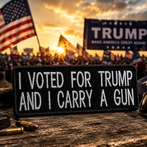 May include: A black rectangular patch with white embroidered text that reads "I VOTED FOR TRUMP AND I CARRY A GUN." The patch is on a wooden surface with bullets, a magazine, and sunglasses. An American flag and a "TRUMP" banner are in the background.
