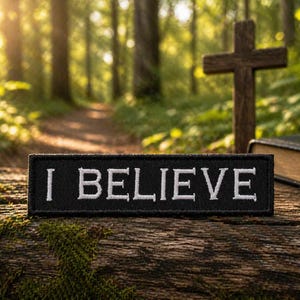 May include: A black patch with the words "I BELIEVE" embroidered in white. The patch is set on a moss-covered log, with a wooden cross and a book in the background. The scene is set in a forest.