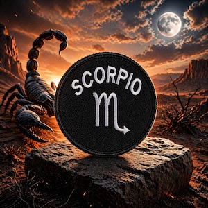 May include: A black circular patch with the word "SCORPIO" embroidered in white, along with the Scorpio symbol. A large scorpion and a desert landscape with a full moon in the background.