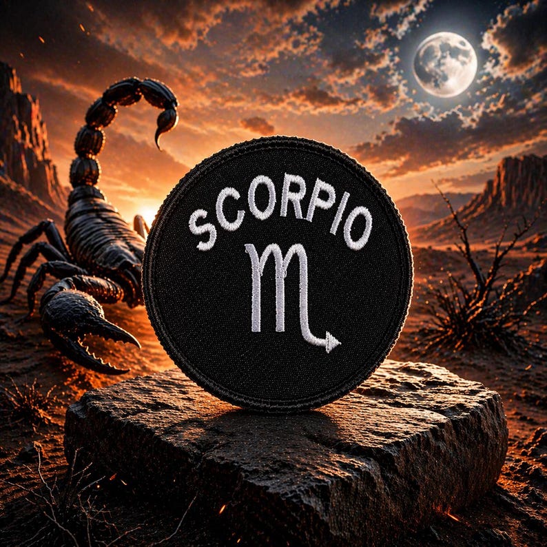 Puede incluir: Un parche circular negro con la palabra "SCORPIO" bordada en blanco y el s&iacute;mbolo de Escorpio. La imagen presenta un escorpi&oacute;n, un paisaje des&eacute;rtico y una luna llena.