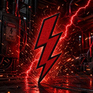 Könnte beinhalten: Ein roter Blitz-Aufnäher mit schwarzem Rand, vor einem feurigen, industriellen Hintergrund. Der Aufnäher ist mit einem strukturierten Aussehen bestickt. Der Hintergrund zeigt Funken und elektrische Geräte.