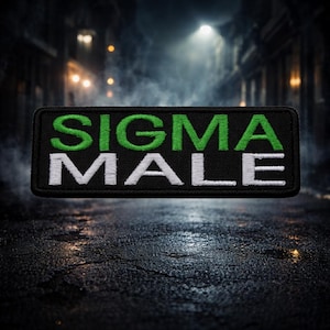 May include: A rectangular black patch with the words "SIGMA" in green and "MALE" in white, embroidered on it. The patch is set against a blurred background of a city street at night.
