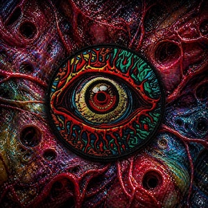 May include: A circular embroidered patch featuring a detailed eye design with red, yellow, and green accents. The eye is set against a textured, organic background with swirling patterns in shades of red, blue, and purple.