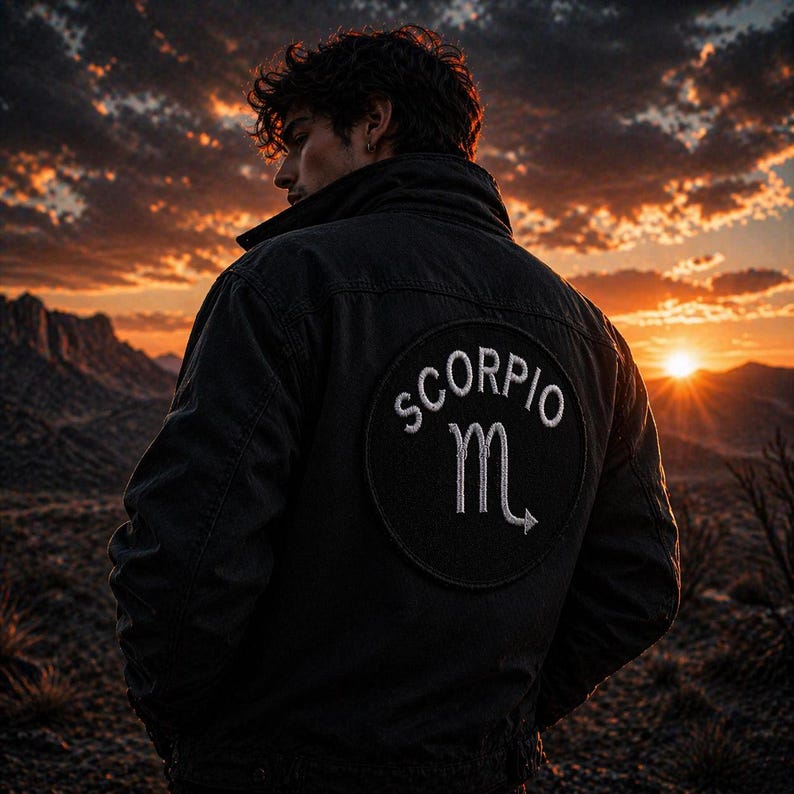 Puede incluir: Chaqueta negra con un parche circular con la palabra "SCORPIO" y un s&iacute;mbolo de escorpi&oacute;n estilizado en blanco. La chaqueta se usa contra un atardecer sobre un paisaje monta&ntilde;oso.
