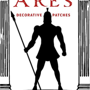 May include: Black and white silhouette of a warrior holding a spear, standing between two columns. The text "ARES DECORATIVE PATCHES" is above the warrior.