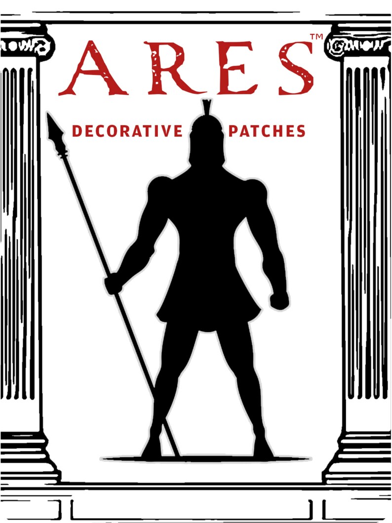 May include: Black and white silhouette of a warrior holding a spear, standing between two columns. The text "ARES DECORATIVE PATCHES" is above the warrior.