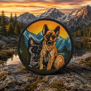 May include: Round embroidered patch featuring two dogs, one tan and one black, set against a mountain and lake landscape with a sunset sky. The patch has a black border and is likely for jackets or bags.