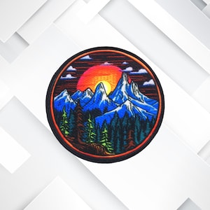 Mountain Sunset Patch Iron-On Appliqué for Jacket, Backpack, Vest, Colorful Nature Scene Patch, Hiking Gift, Dye Sublimated Outdoor Badge