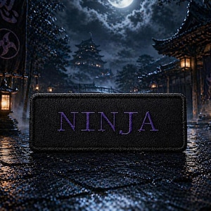 May include: Black rectangular patch with the word "NINJA" embroidered in purple. The patch is set against a backdrop of a Japanese-style night scene with a full moon, pagodas, and lanterns.