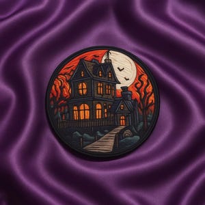 Iron On Haunted House Patch Embroidered Spooky Mansion Appliqué for Jacket, Backpack, Costume, Halloween Decor, Trick or Treat Badge