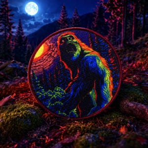 May include: Round patch featuring a colorful illustration of a Bigfoot creature in a forest setting. The design includes a red-eyed Bigfoot with orange, blue, and green fur, set against a night sky with a full moon and a red sun.