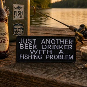 Könnte beinhalten: Eine Flasche Yuengling Traditional Lager Bier neben einem schwarzen Aufnäher mit weißem Text: "JUST ANOTHER BEER DRINKER WITH A FISHING PROBLEM." Eine Angelrute und eine Tacklebox befinden sich im Hintergrund.