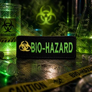 May include: Black rectangular patch with the words "BIO-HAZARD" in green, and a yellow biohazard symbol. The patch is set against a lab-themed background with green-tinted glassware and caution tape.