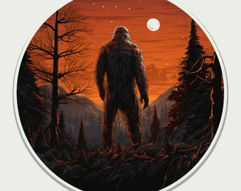 Sasquatch Decal, Bigfoot Vinyl Stickers Decals, Cryptid Decal for Laptop Car Truck Window Bumper Graphics, Myth Legend, Folklore, Red Night
