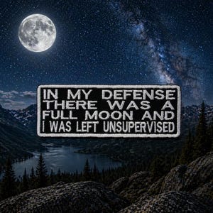 以下が含まれることがあります： 「IN MY DEFENSE THERE WAS A FULL MOON AND I WAS LEFT UNSUPERVISED」というテキストが入った白黒のパッチ。星空、満月、山、湖を背景に配置されています。