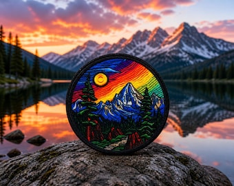 Mountain Sunset Patch/Iron-On Patch//Colorful Nature Scene Gift/Hiking & Camping/Sew-On Appliqué for Clothing, Vest/Jacket, Hats, Backpack