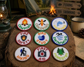 Insignia de mérito de campamento, paquete de 9 parches bordados personalizados para planchar o coser, para niños, niñas, jóvenes, viajes, vacaciones, escapadas familiares, campamentos de verano. Divertido.