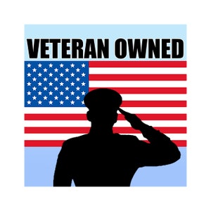 May include: A black silhouette of a person saluting in front of an American flag with the text "Veteran Owned" above the flag.