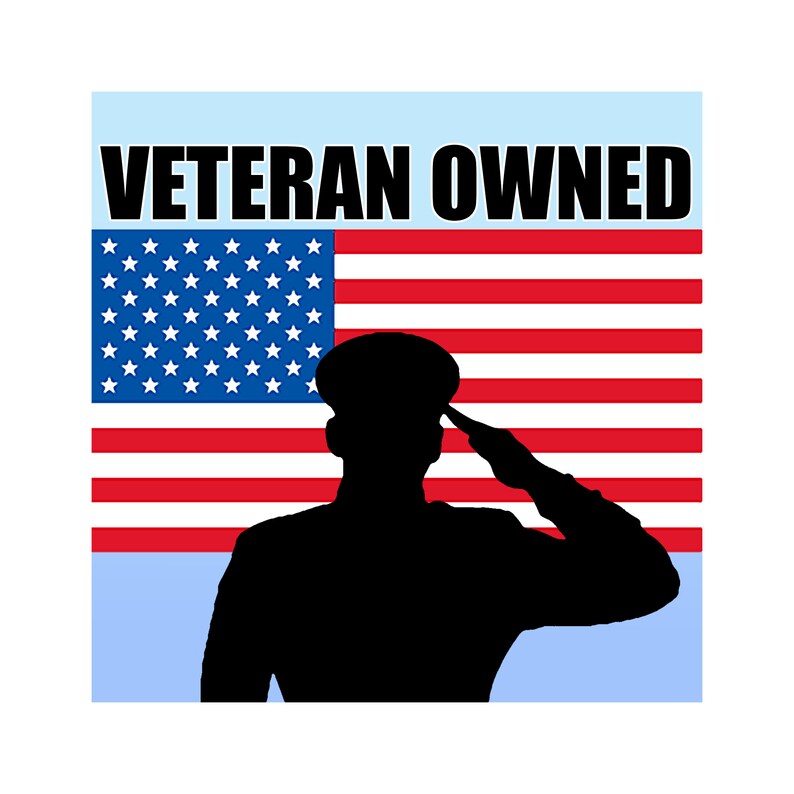 May include: A black silhouette of a person saluting in front of an American flag with the text "Veteran Owned" above the flag.