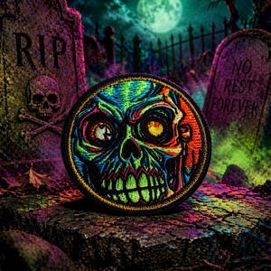 May include: Embroidered patch featuring a colorful zombie skull design. The patch has a black border and is set against a spooky graveyard scene with tombstones and a full moon. The skull is detailed with vibrant green, blue, orange, and red thread.